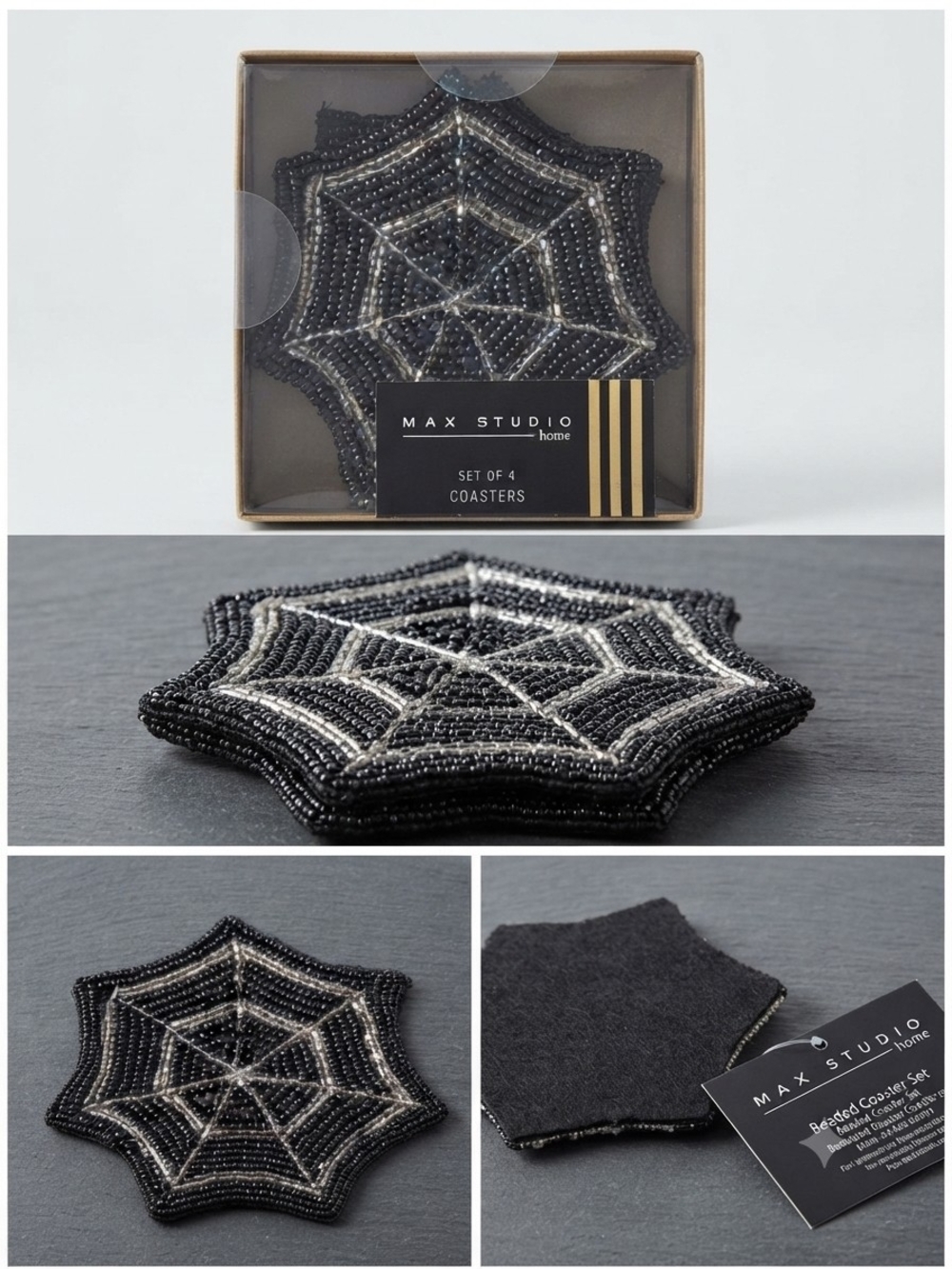 Max Studio Black and Silver Beaded Spiderweb Coaster 4pc Set